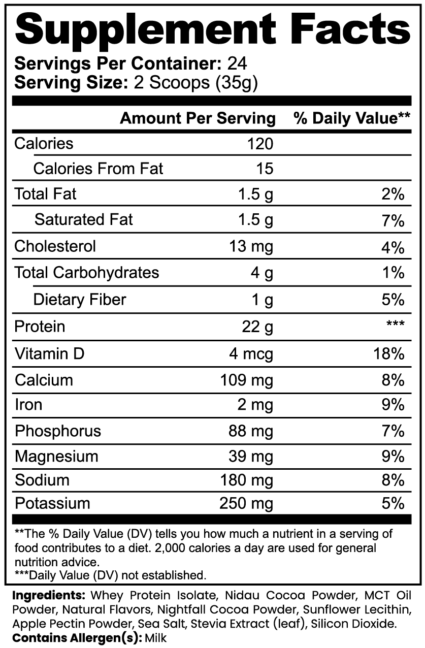 Supplement Facts panel and ingredients for Advanced 100% Whey Protein Isolate (Chocolate)