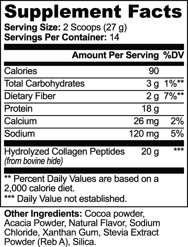 Supplement Facts panel and other ingredients for Grass-Fed Collagen Peptides Powder (Chocolate)
