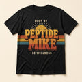 Peptide Mike Tee – 70s Sunset, retro sunset-stripe print on a black tee