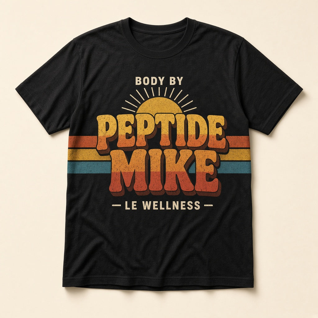 Body by Peptide Mike Tee – 70s Sunset, retro sunset-stripe print on a black tee