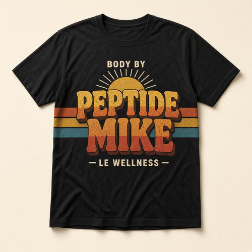 Body by Peptide Mike Tee – 70s Sunset, retro sunset-stripe print on a black tee