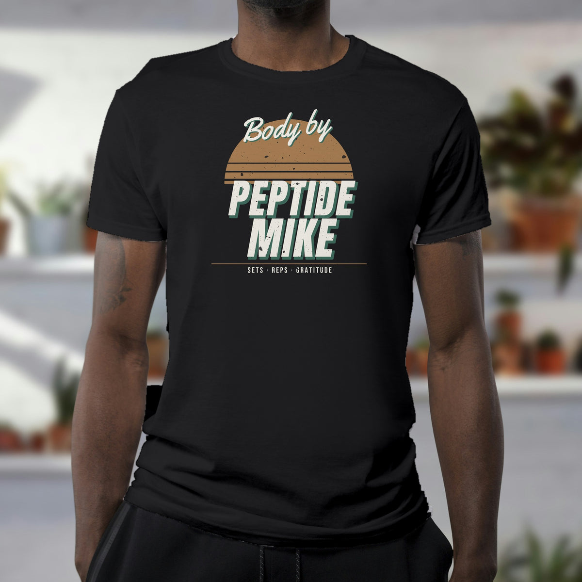 Peptide Mike Tee – 80s Gym Poster, retro half-sun gym-poster print on a black tee