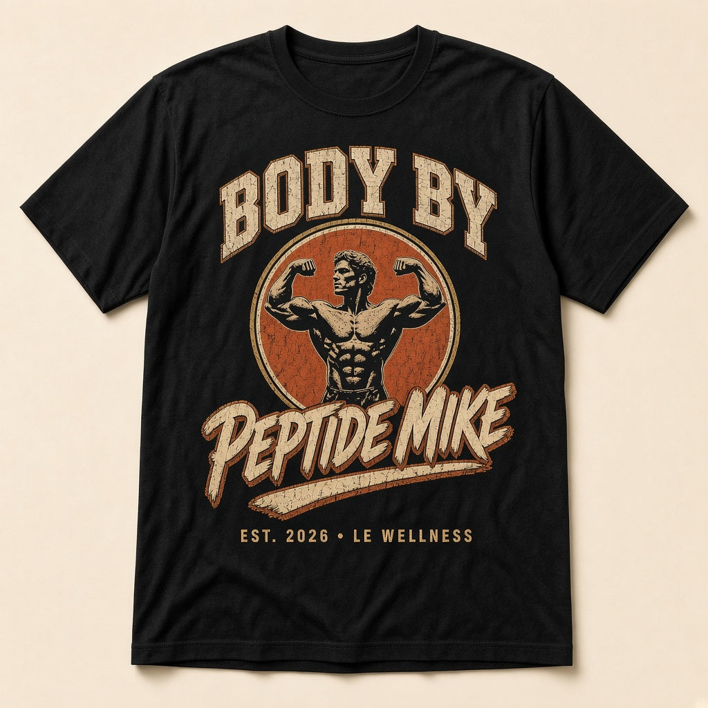 Body by Peptide Mike Tee – Vintage Gym Badge, classic-physique bodybuilder badge print on a black tee