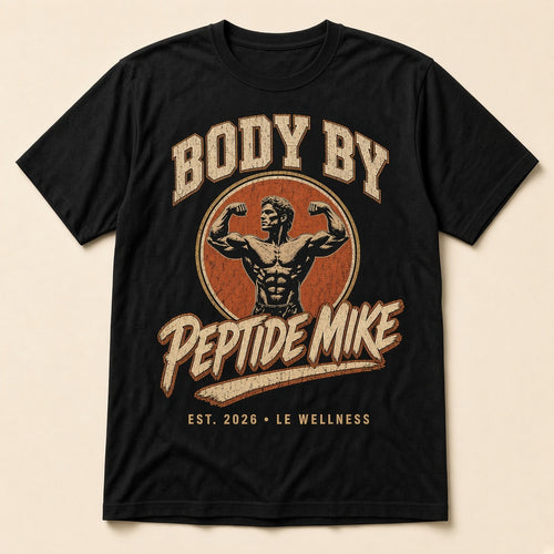 Body by Peptide Mike Tee – Vintage Gym Badge, classic-physique bodybuilder badge print on a black tee