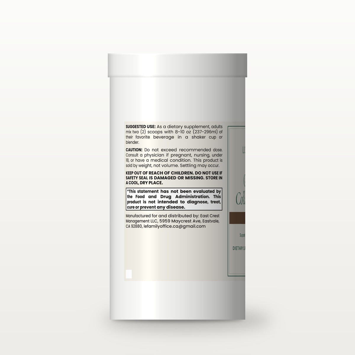 Le Wellness Grass-Fed Collagen Peptides Powder (Chocolate) canister, side label with suggested use and cautions