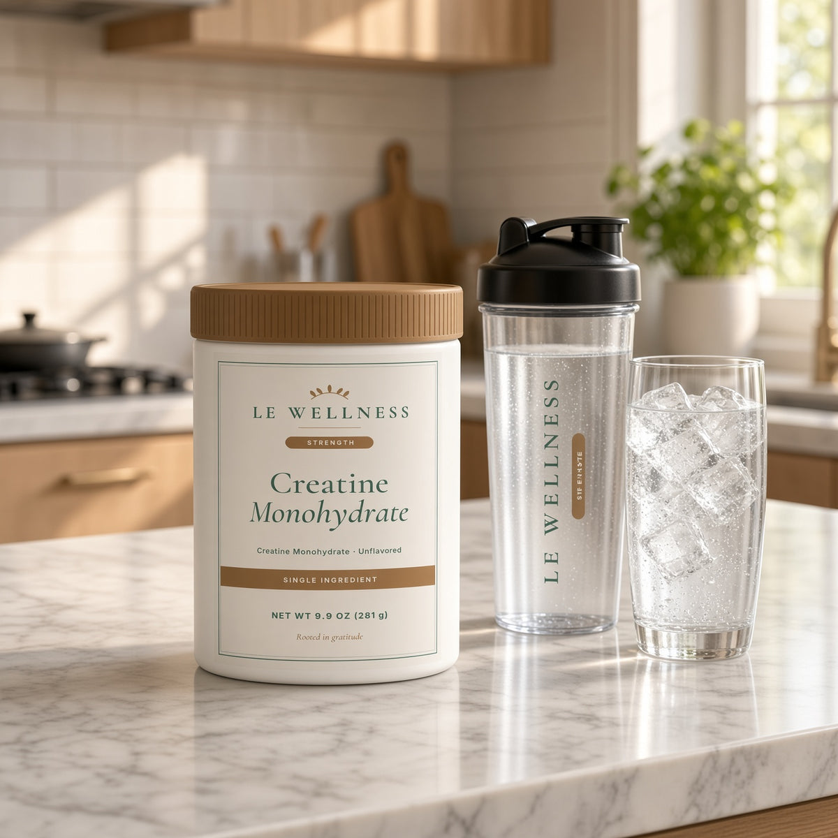 Le Wellness Creatine Monohydrate on a kitchen counter with a shaker