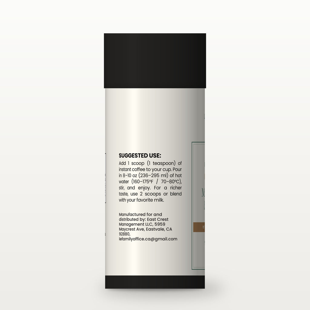 Le Wellness Mushroom Fuse Instant Coffee (Medium Roast) tube, side label with suggested use and cautions