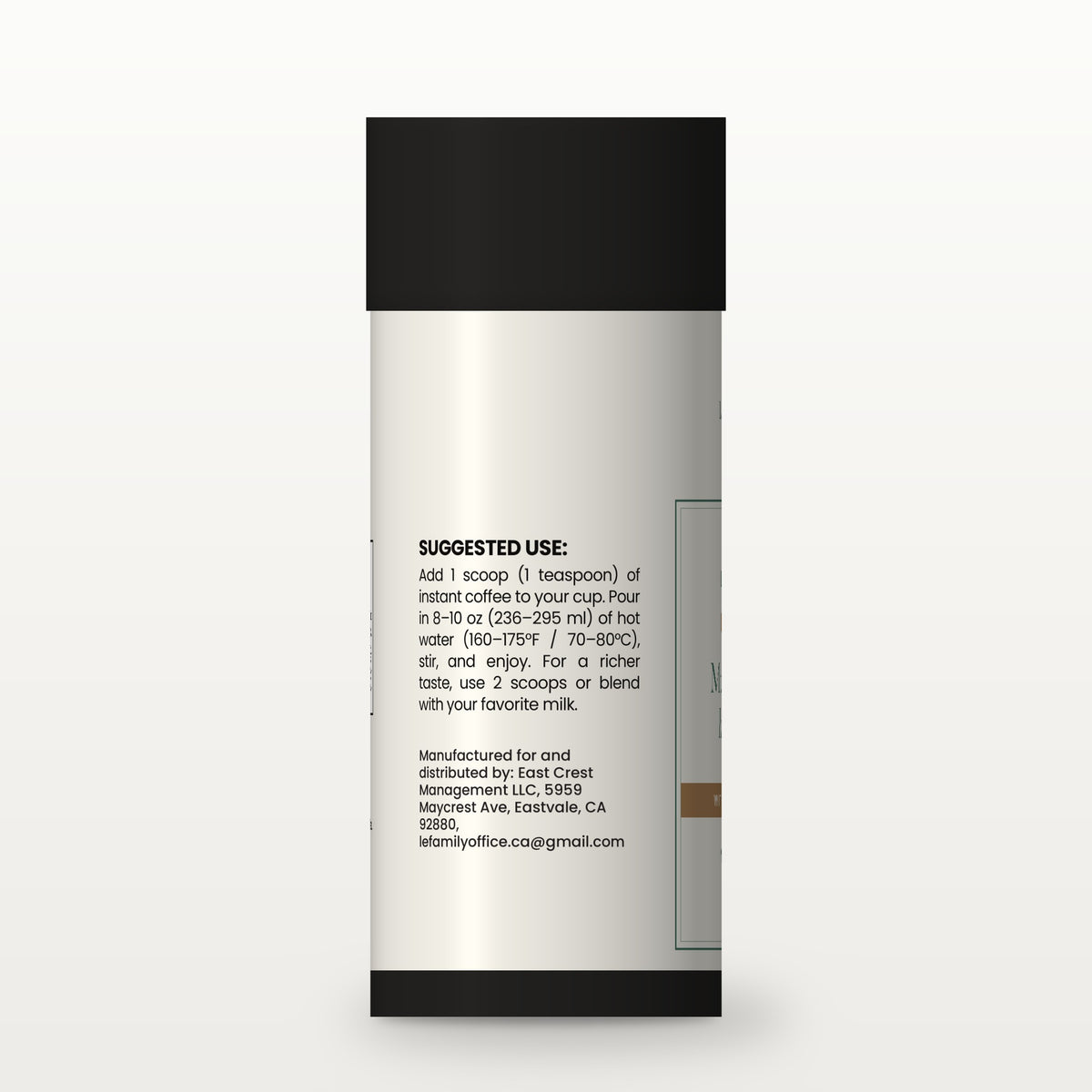 Le Wellness Mushroom Fuse Instant Coffee (Medium Roast) tube, side label with suggested use and cautions