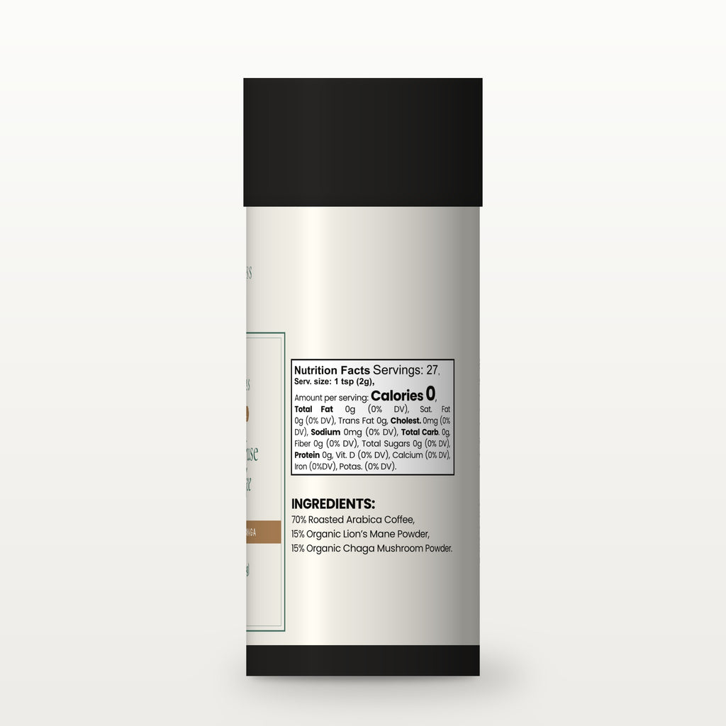 Le Wellness Mushroom Fuse Instant Coffee (Medium Roast) tube, side label with Nutrition Facts panel