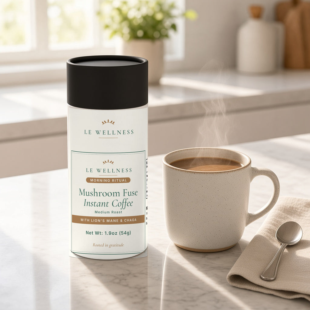 Le Wellness Mushroom Fuse Instant Coffee (Medium Roast) tube on a kitchen counter with a morning mug of coffee