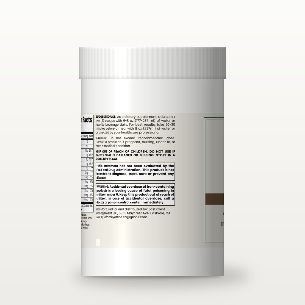 Le Wellness Plant Protein (Chocolate) tub, side label with suggested use and cautions