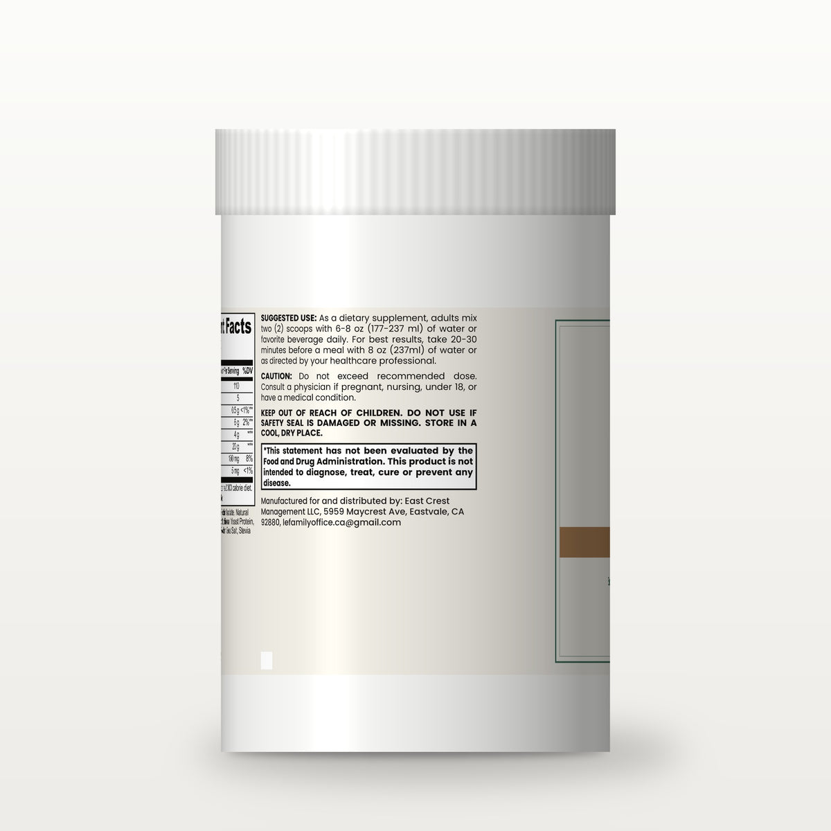 Le Wellness Plant Protein (Vanilla) tub, side label with suggested use and cautions