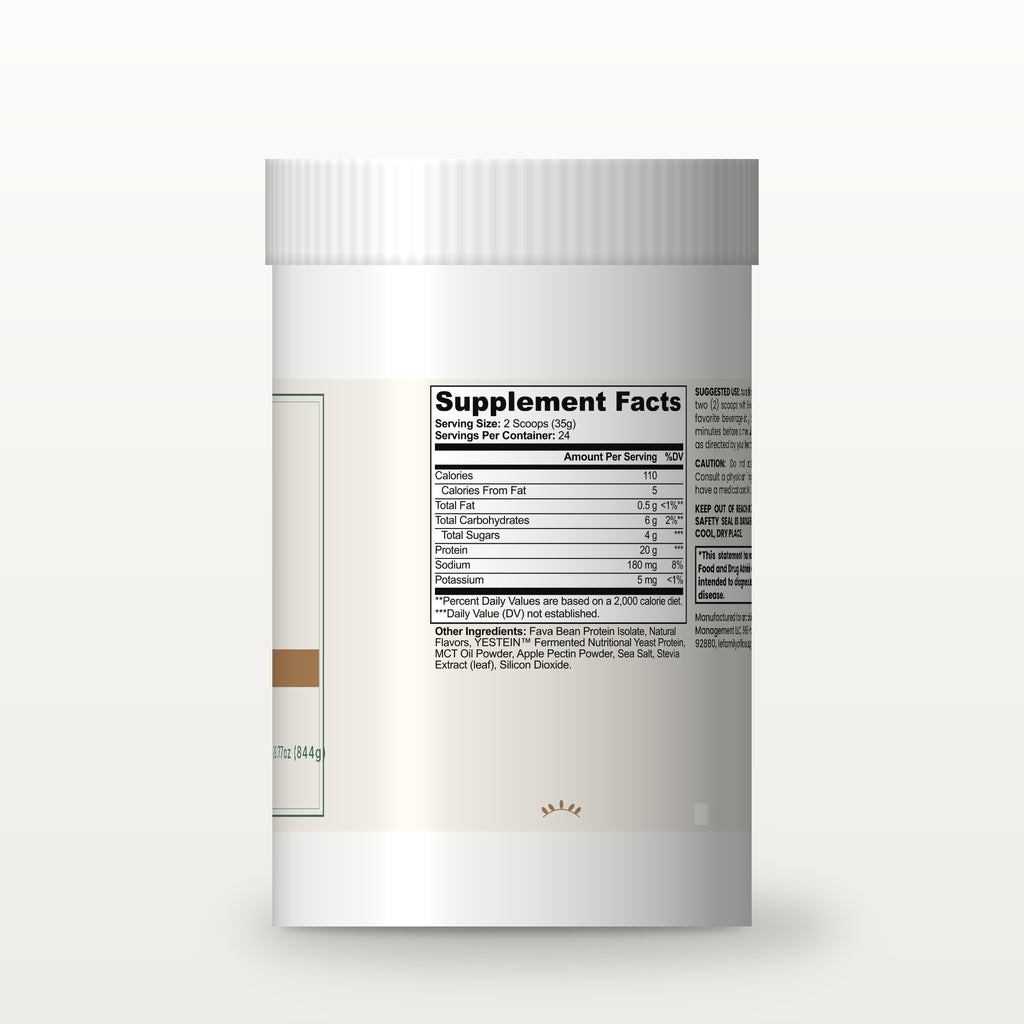 Le Wellness Plant Protein (Vanilla) tub, side label with Supplement Facts panel