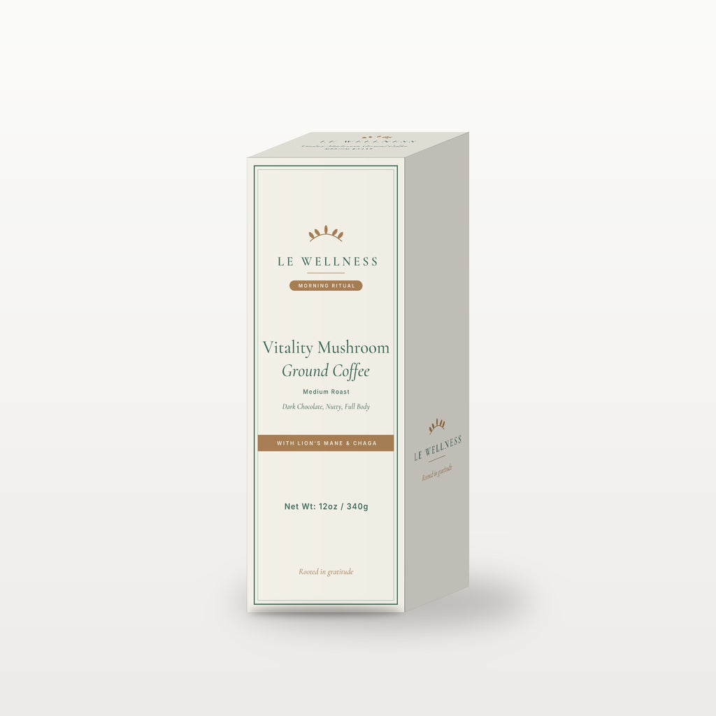 Le Wellness Vitality Mushroom Ground Coffee (Medium Roast) box, front label