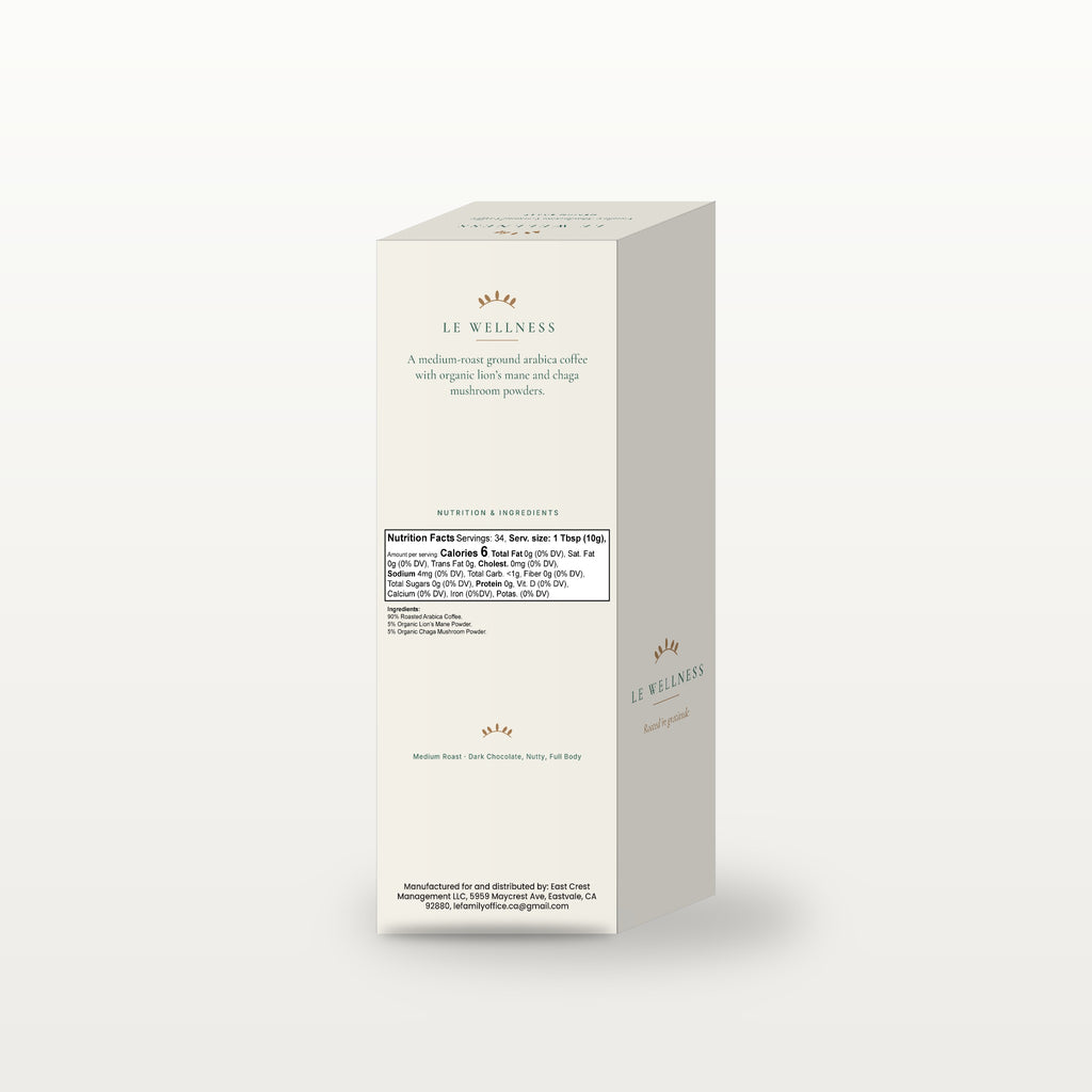 Le Wellness Vitality Mushroom Ground Coffee (Medium Roast) box, back panel with Nutrition Facts and ingredients