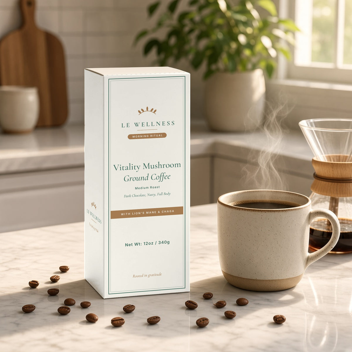 Le Wellness Vitality Mushroom Ground Coffee (Medium Roast) box on a kitchen counter with a fresh mug of coffee