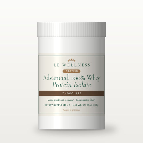 Le Wellness Advanced 100% Whey Protein Isolate (Chocolate) tub, front label