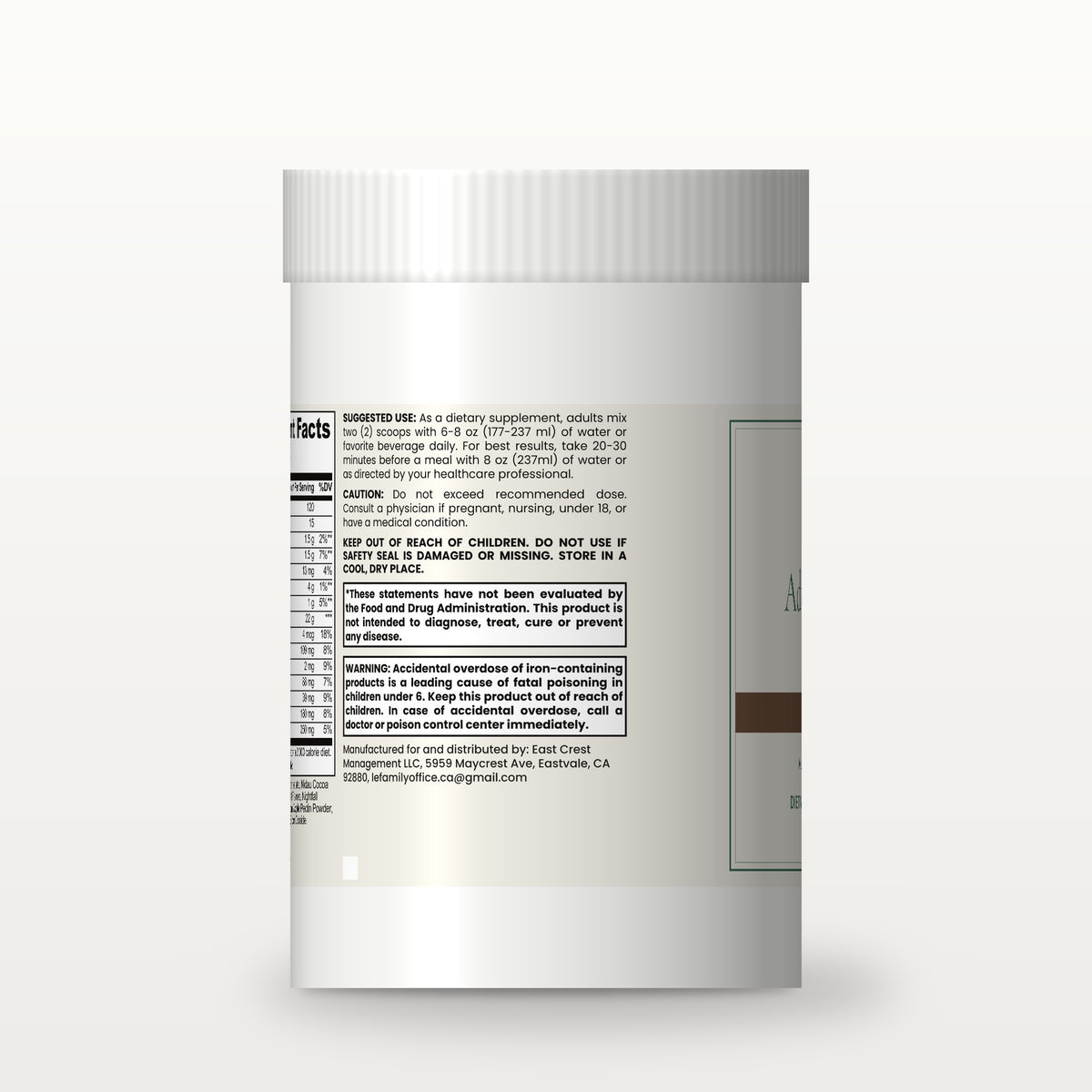 Le Wellness Advanced 100% Whey Protein Isolate (Chocolate) tub, side label with suggested use and cautions