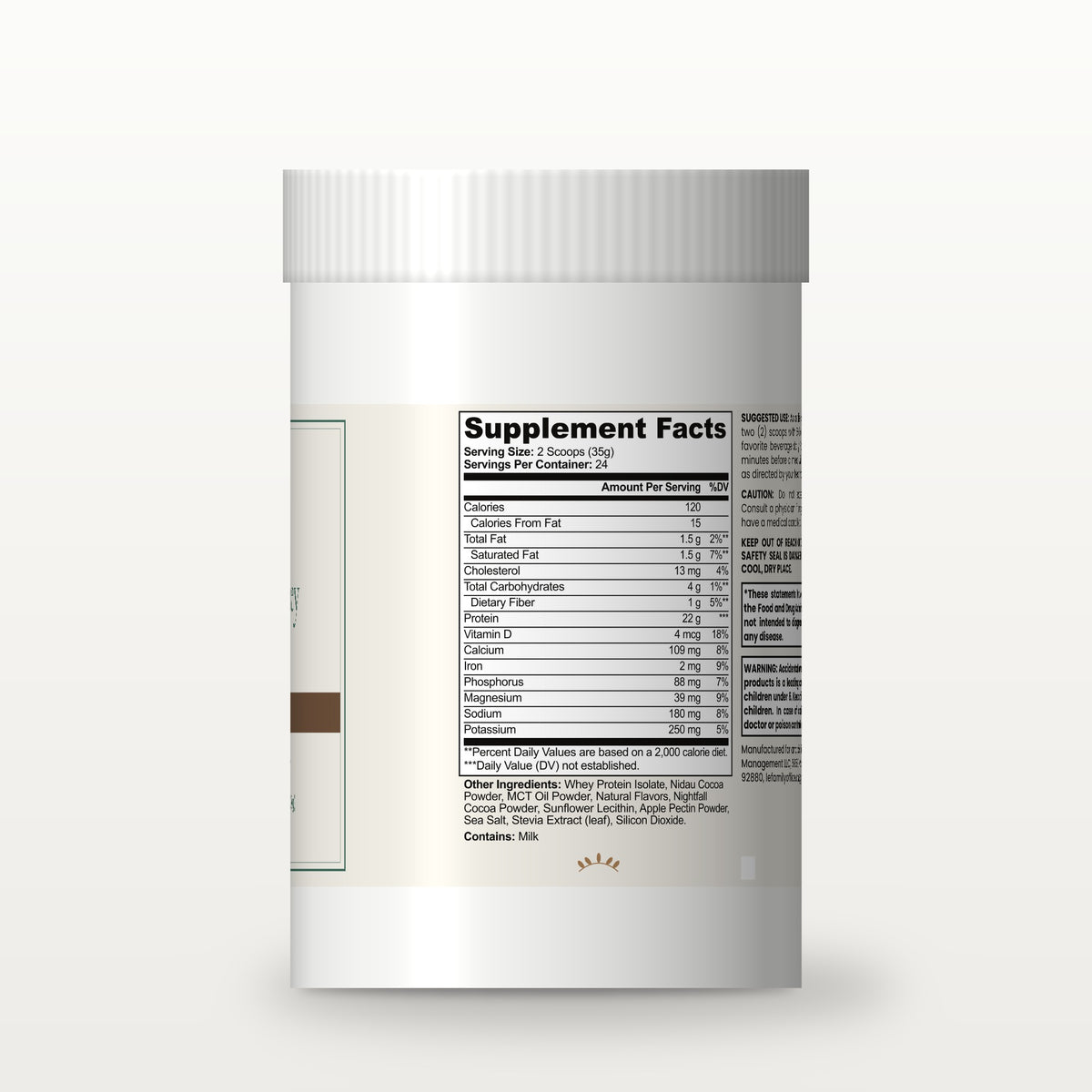 Le Wellness Advanced 100% Whey Protein Isolate (Chocolate) tub, side label with Supplement Facts panel