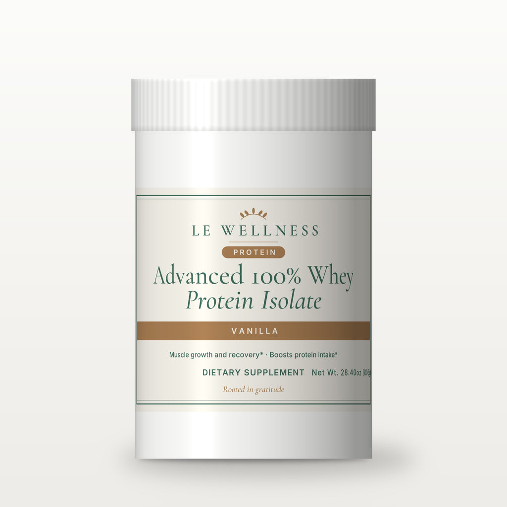 Le Wellness Advanced 100% Whey Protein Isolate (Vanilla) tub, front label