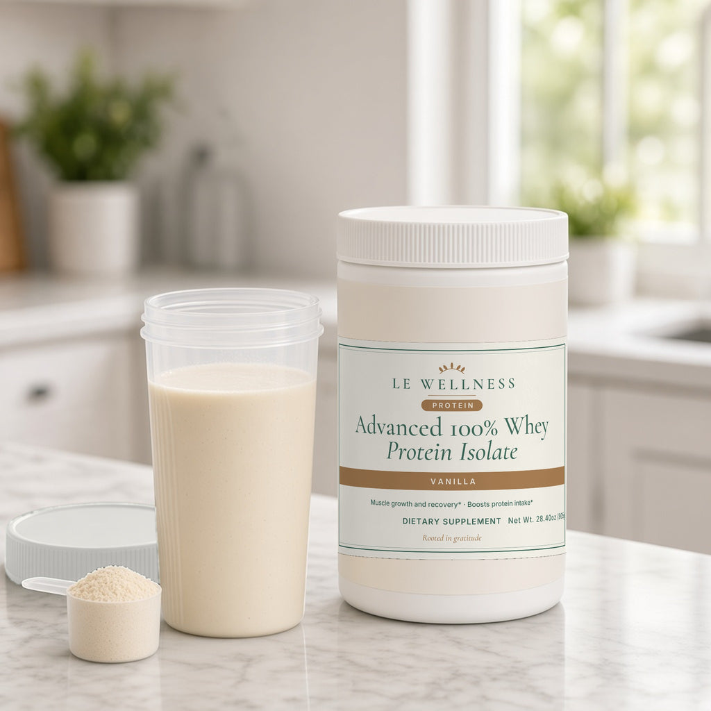 Le Wellness Advanced 100% Whey Protein Isolate (Vanilla) tub on a marble kitchen counter with a vanilla protein shake and scoop