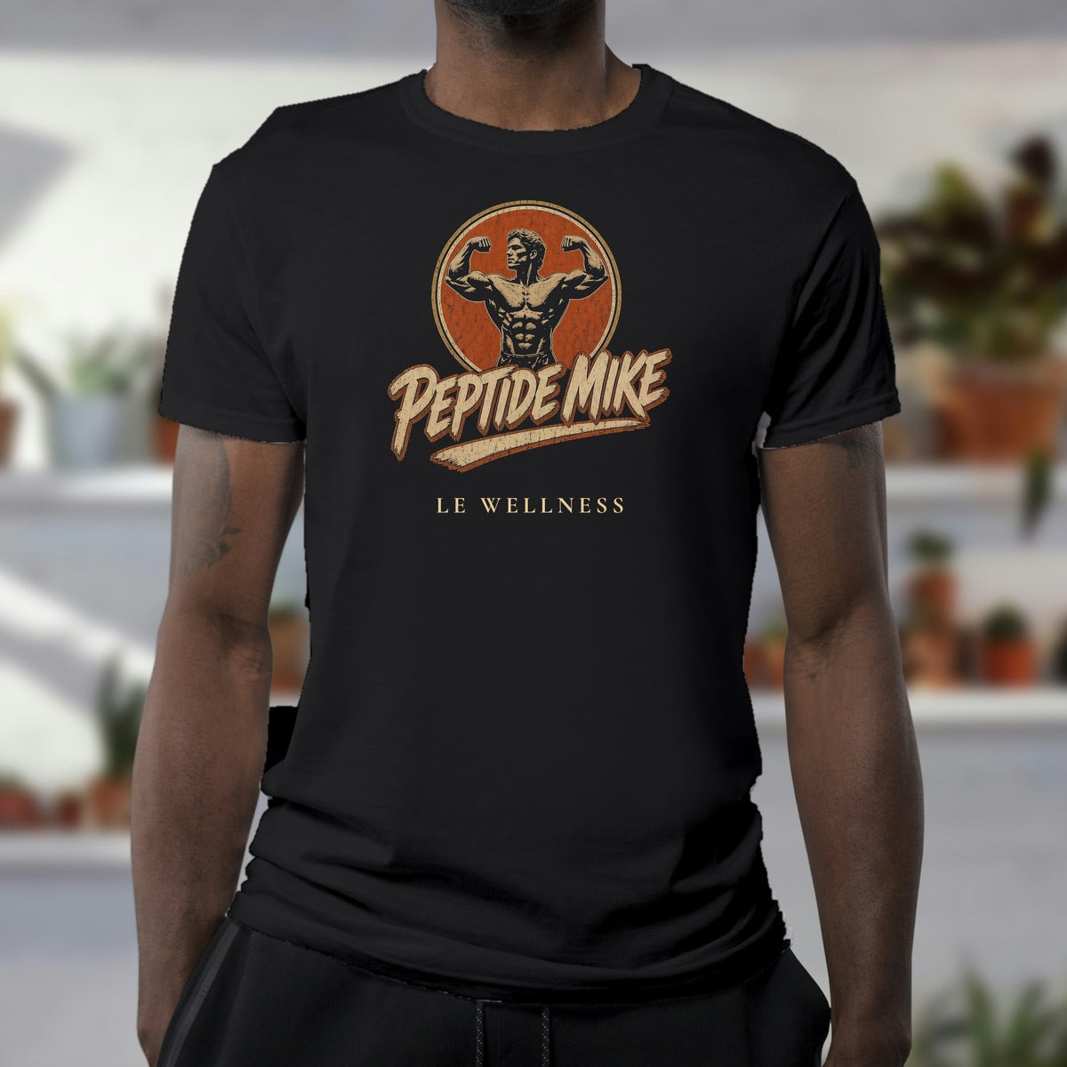 Peptide Mike Tee – Vintage Gym Badge, Black