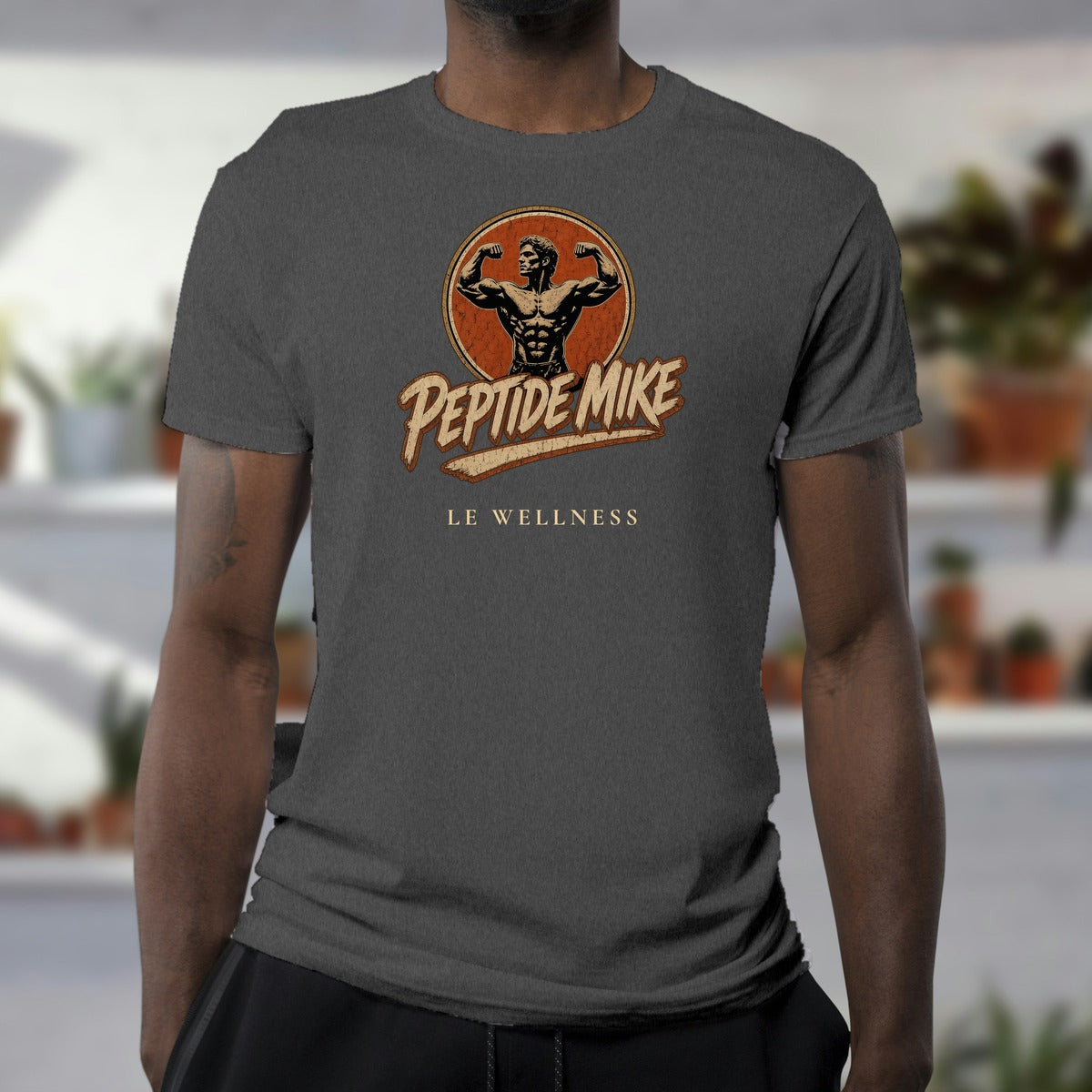 Peptide Mike Tee – Vintage Gym Badge, Dark Grey Heather